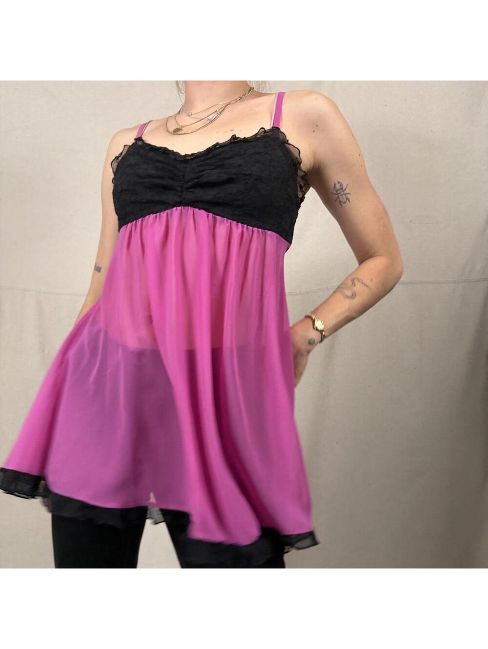 Y2K Ambrielle Sheer Babydoll Lingerie Top – Pink & Black Lace – Size S